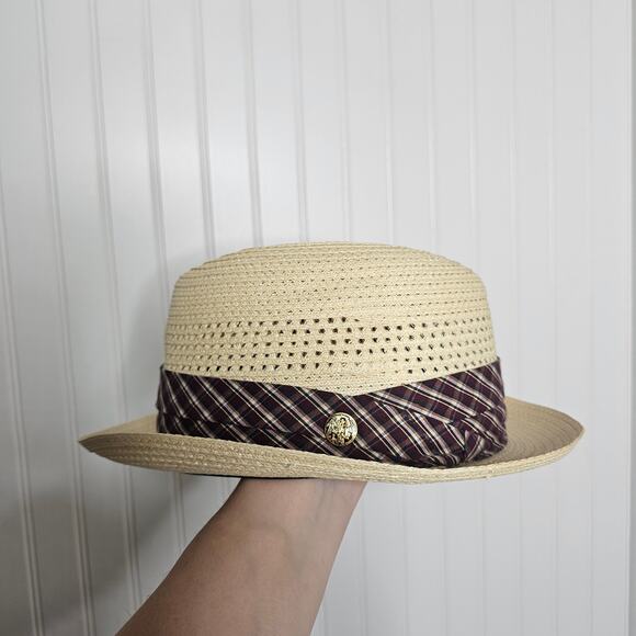 Beaver Brand Hats Straw Trilby Fedora Hat Milanette Weave Buffalo Nickel Plaid - Picture 3 of 11